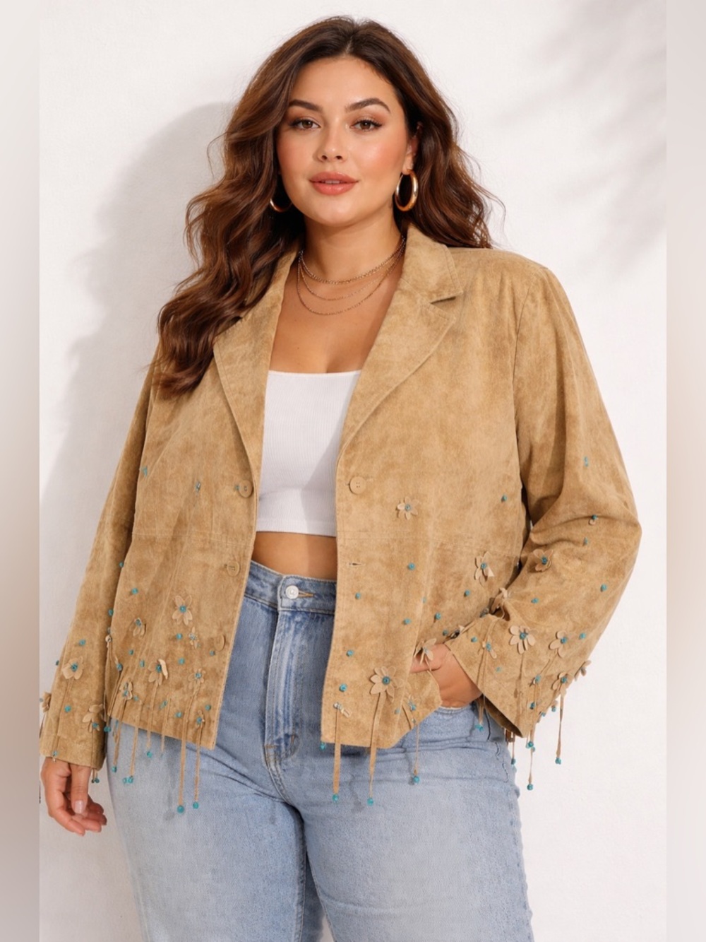 Victor Costa Tan Suede Turquoise Bead‎ Embellished Jacket Sz. 2X